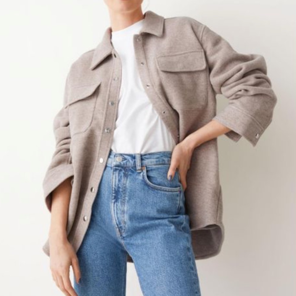 & other stories wool blend oversized oatmeal button down shirt jacket shacket